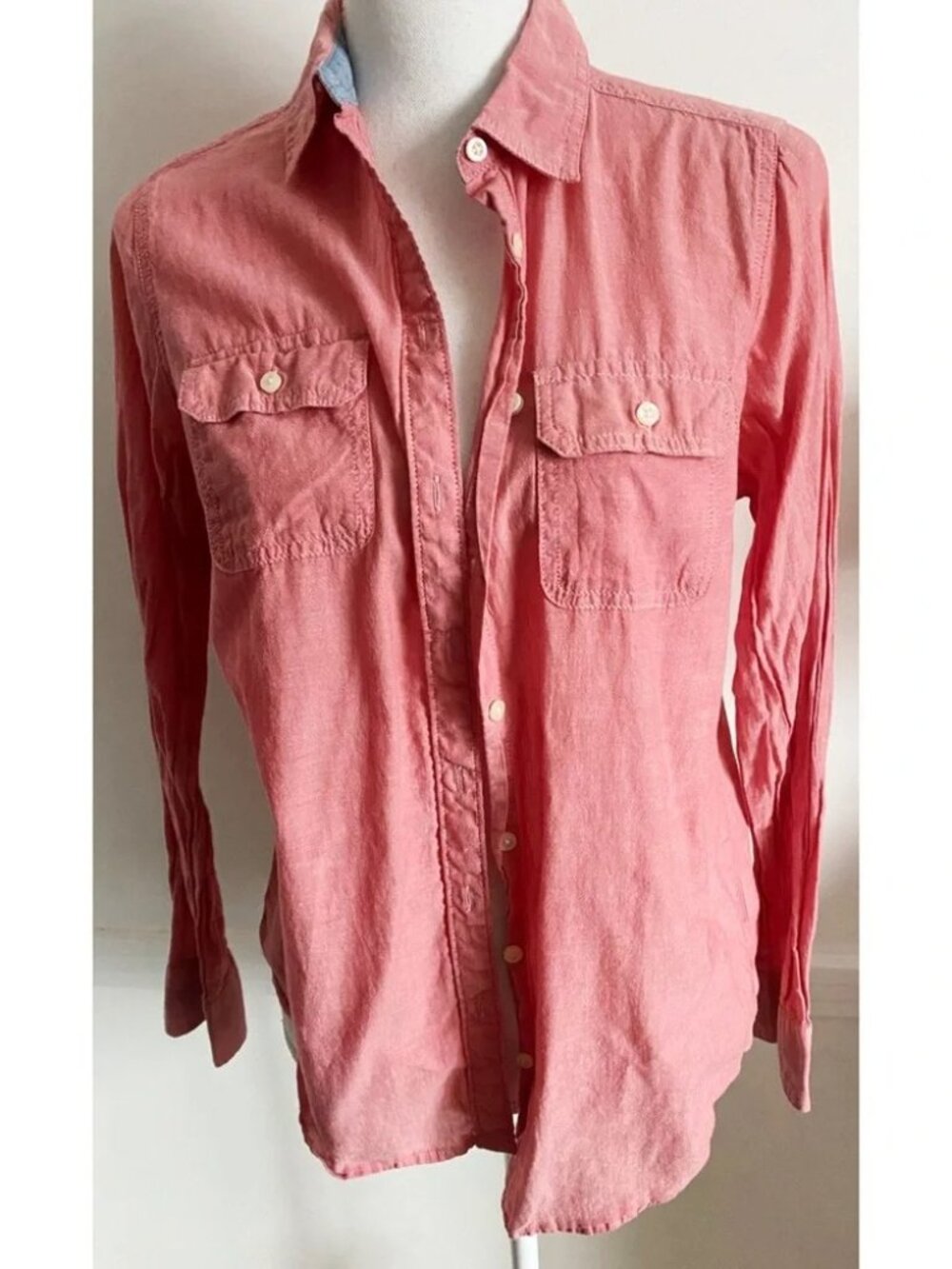 St John’s Bay sz M Salmon Coral Pink Button Down Shirt Top Blouse Pockets